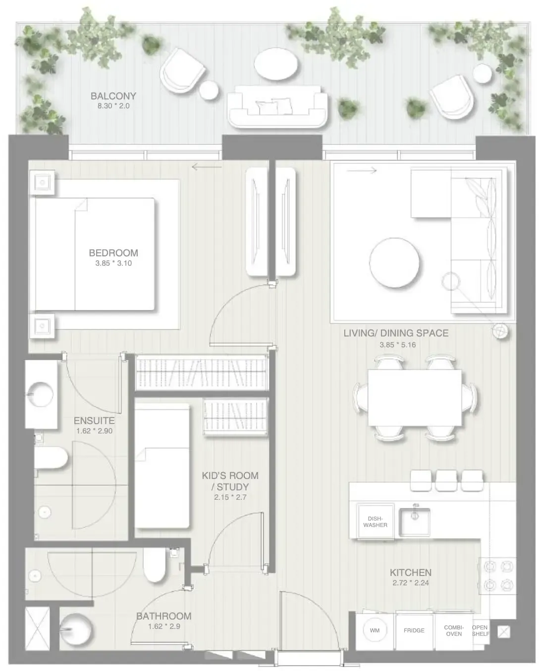 Sol Levante 1 bed floor plan, 883 sqft