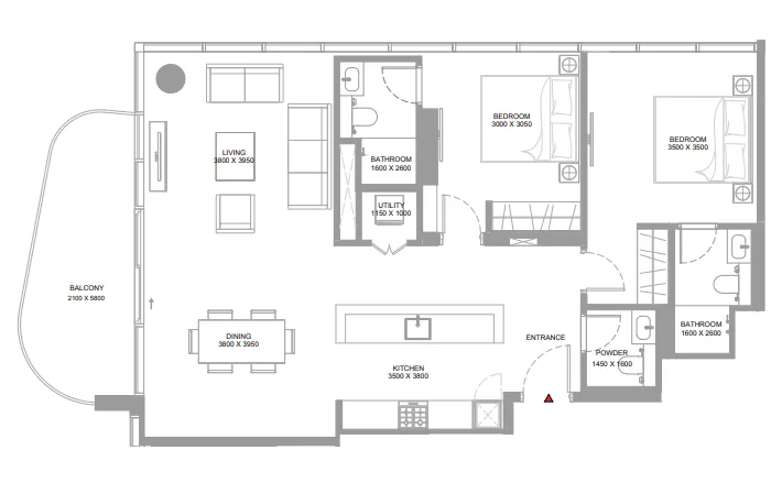 Yachtside Marina Residences 2 bed floor plan, 1,213 – 1,230 sqft
