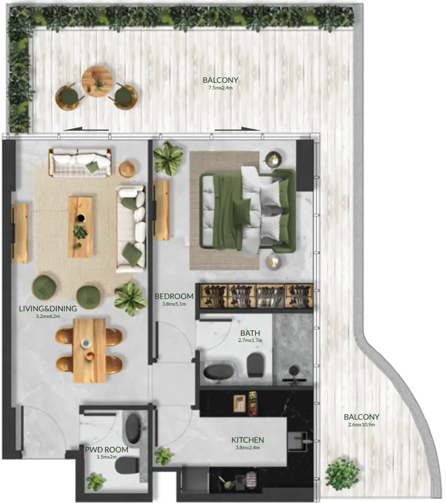 Aqua Maya 1 bed floor plan, 788 – 1,017 sqft