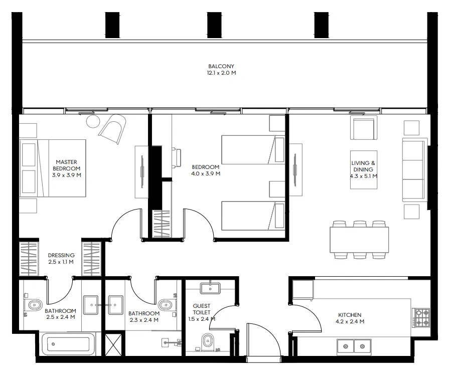 Nesba 3 2 bed floor plan, 1,927 sqft