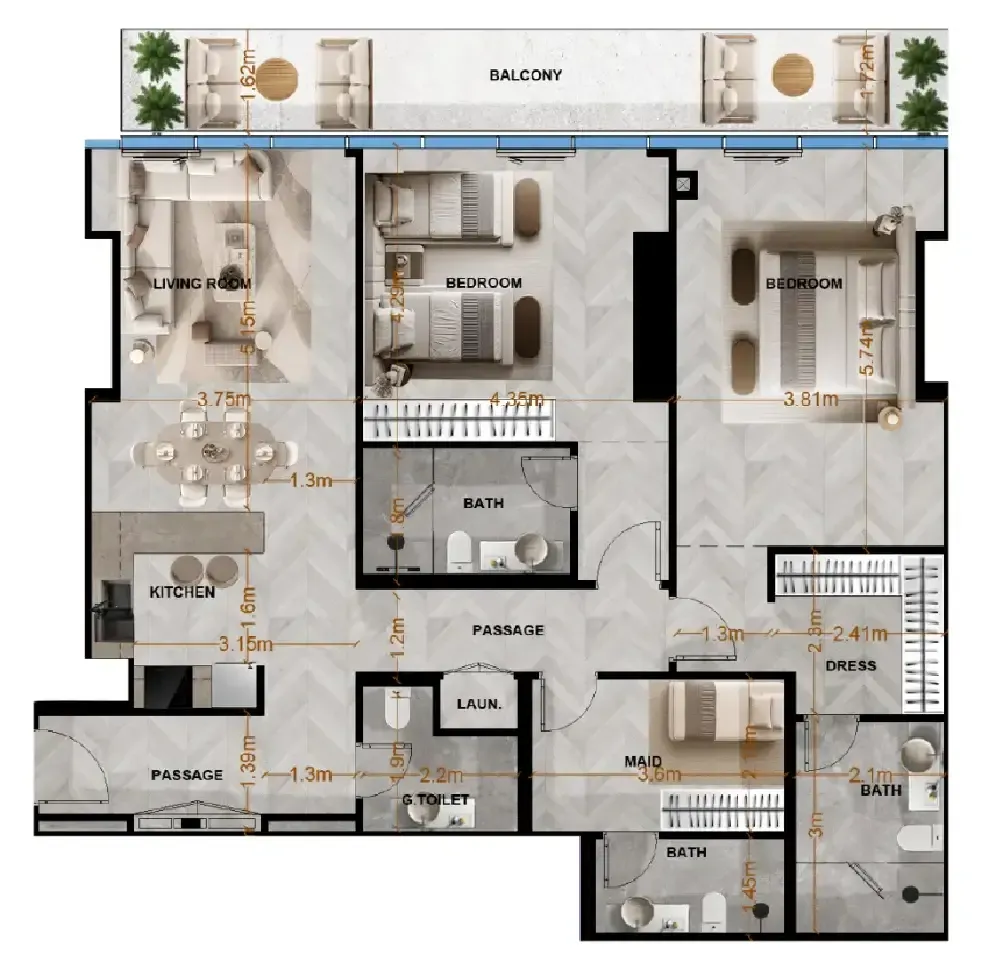 Radiant Terrace 2 bed floor plan, 1,538 sqft