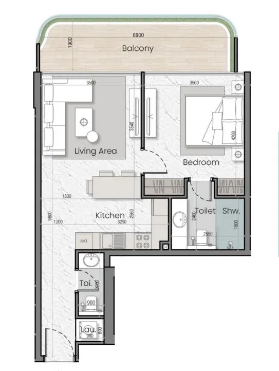 I'Sola Bella 1 bed floor plan, 729 sqft