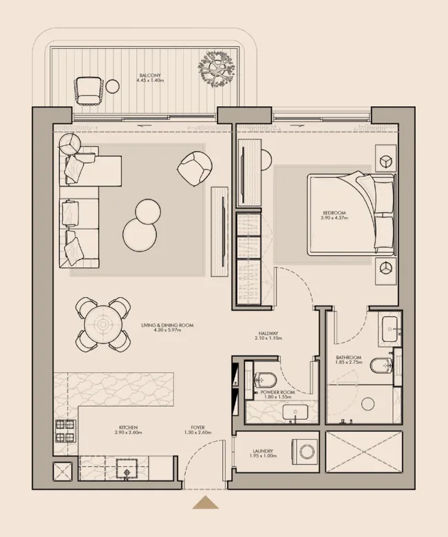 Nourelle 1 bed floor plan, 870 sqft