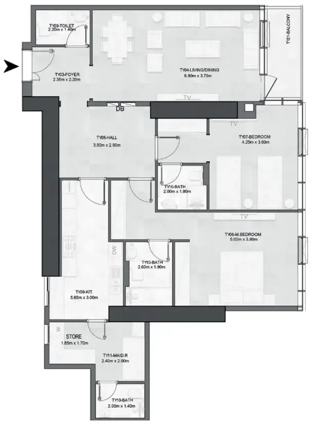 Joud Tower 2 bed floor plan, 1,547 – 1,557 sqft