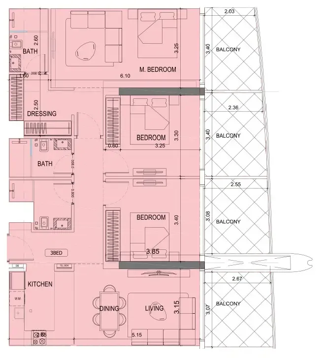 Project Maybach 3 bed floor plan, 1,568 sqft