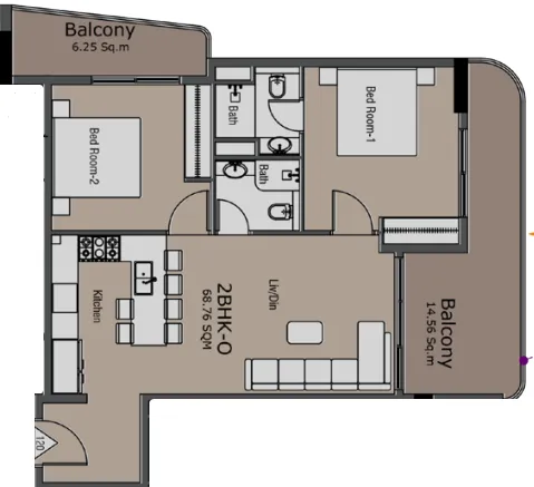 Golden Woods Albab Views 2 bed floor plan, 972 sqft