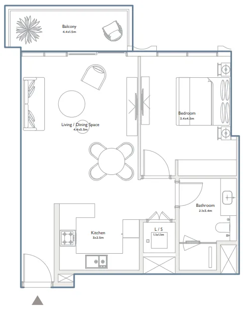 Serenia District West Residence 1 bed floor plan, 836 sqft