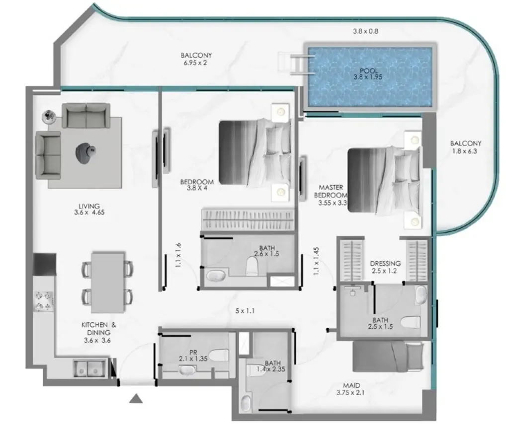 Samana Ocean Bay 2 bed floor plan, 1,433 sqft