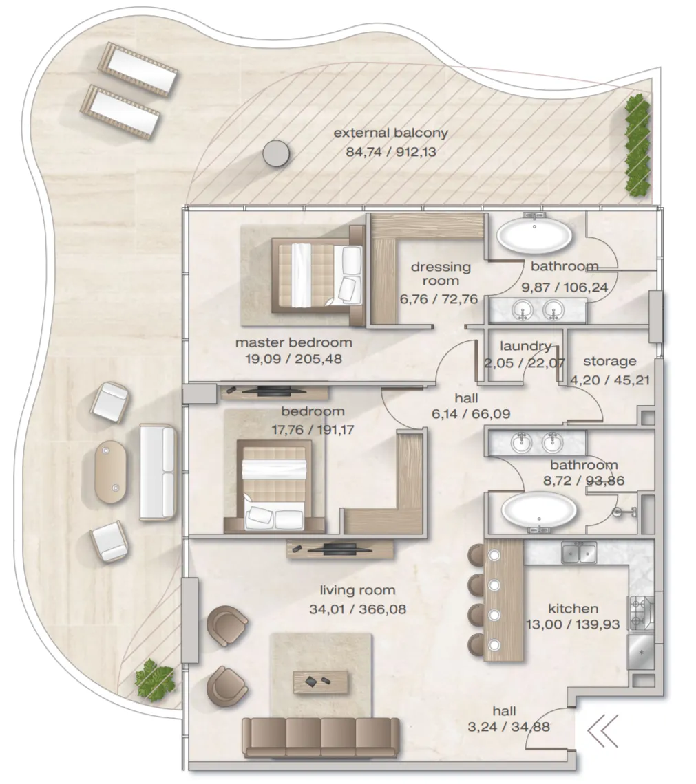 Zephyra Residences 2 bed floor plan, 2,432 sqft