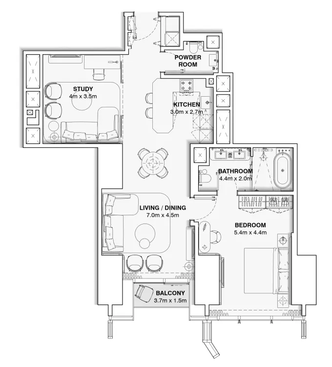 Burj Azizi 1 bed floor plan, 1,086 sqft