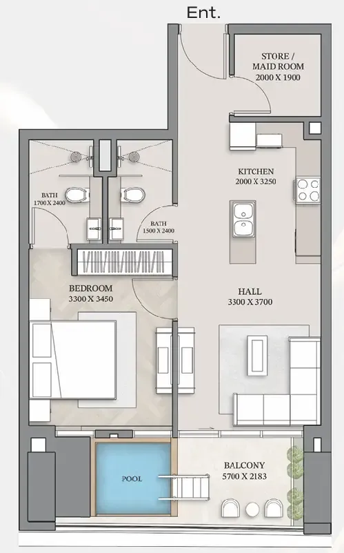Empire Gardens 1 bed floor plan, 746 sqft