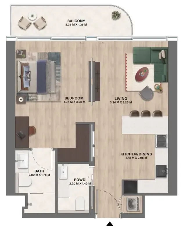 Mövenpick Residences Dubai Motor City Phase 1 1 bed floor plan, 672 sqft