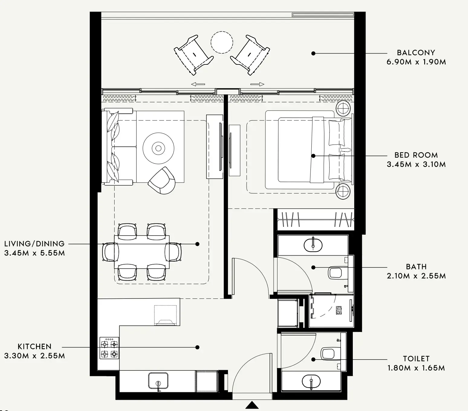 Riviera 58 1 bed floor plan, 788 sqft