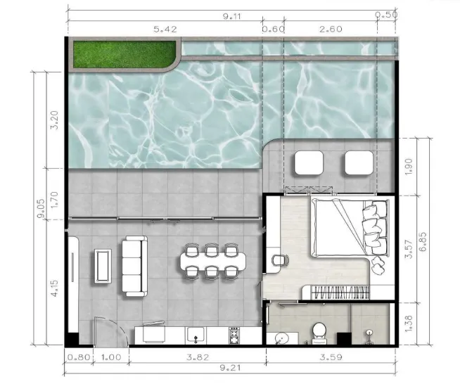 The Element 1 bed floor plan, 997 sqft