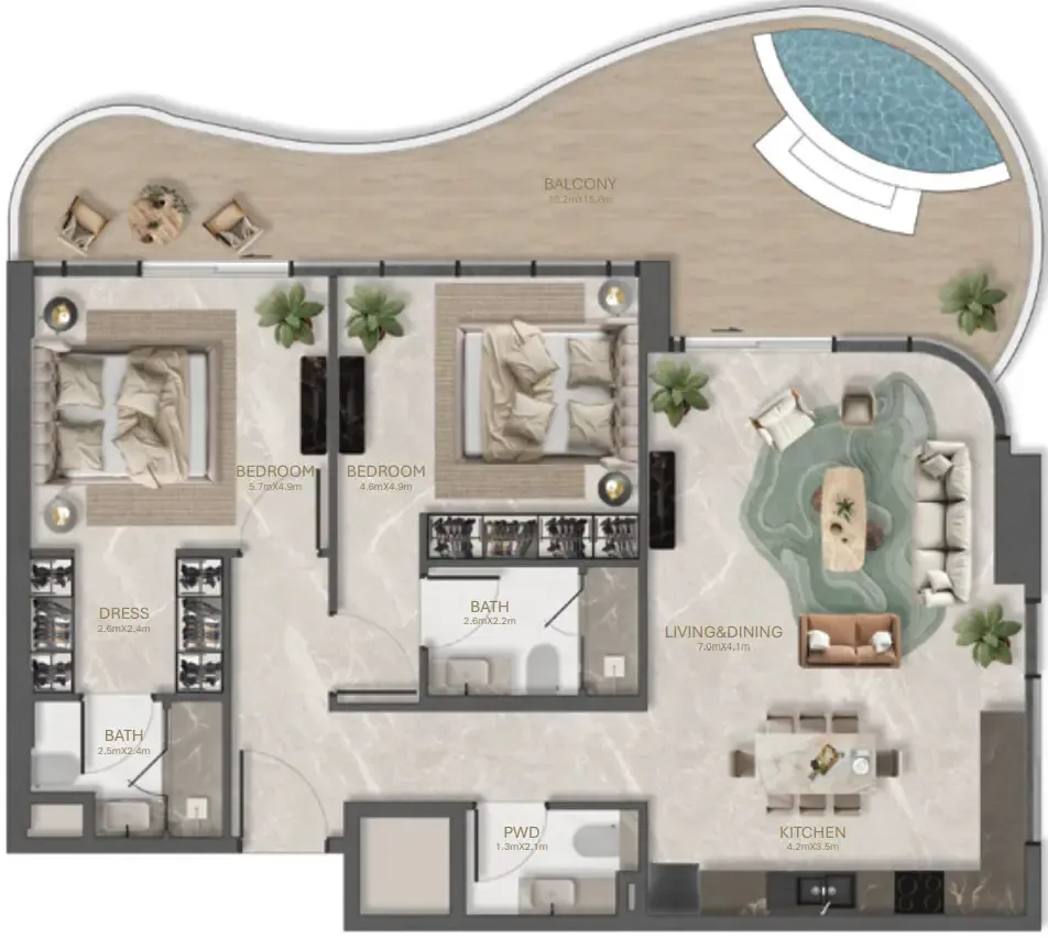 La Perla by BNW Developments 2 bed floor plan, 1,462 sqft