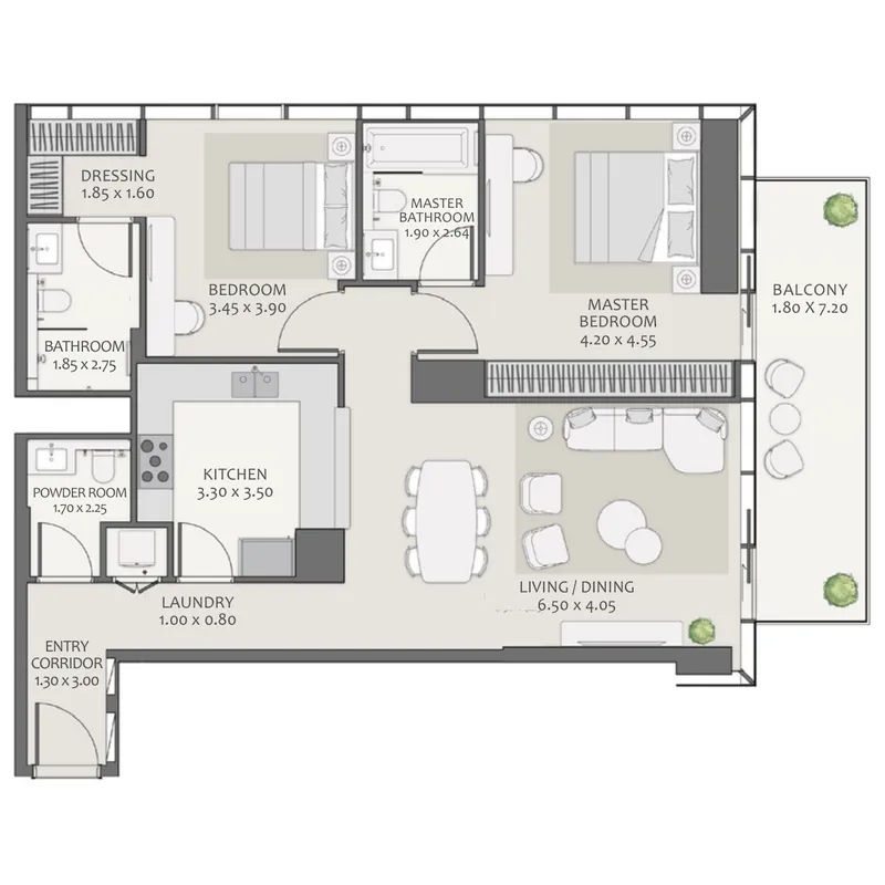Avenue Park Towers 2 at Wasl 1 2 bed floor plan, 1,338 sqft