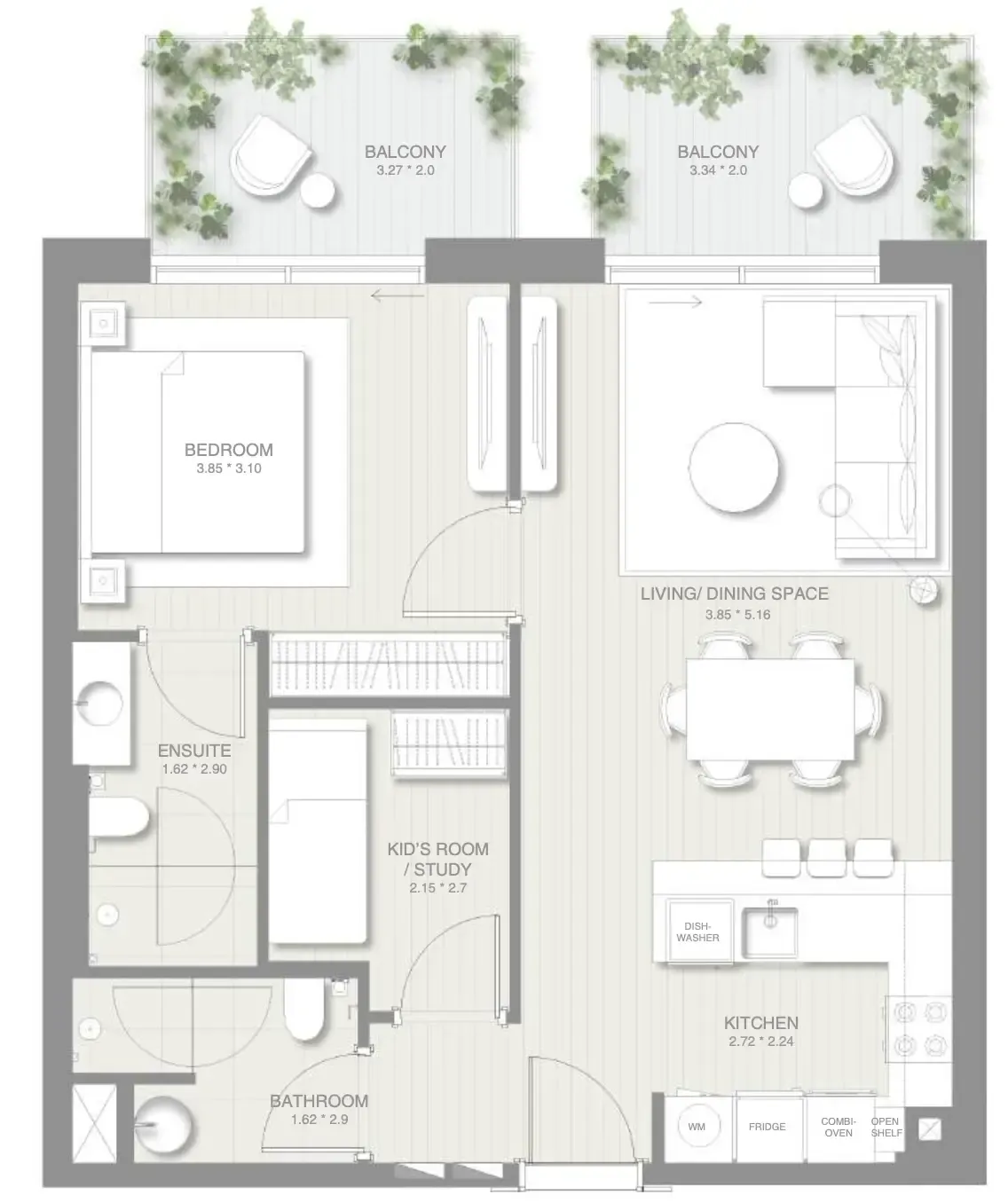 Sol Levante 1 bed floor plan, 842 sqft