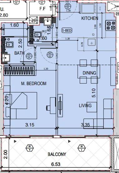 Binghatti Amberhall 1 bed floor plan, 724 sqft