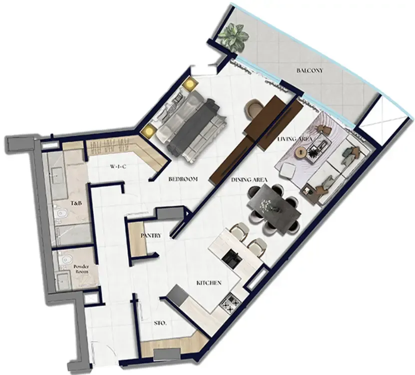 Xenia Residence 1 bed floor plan, 1,076 sqft