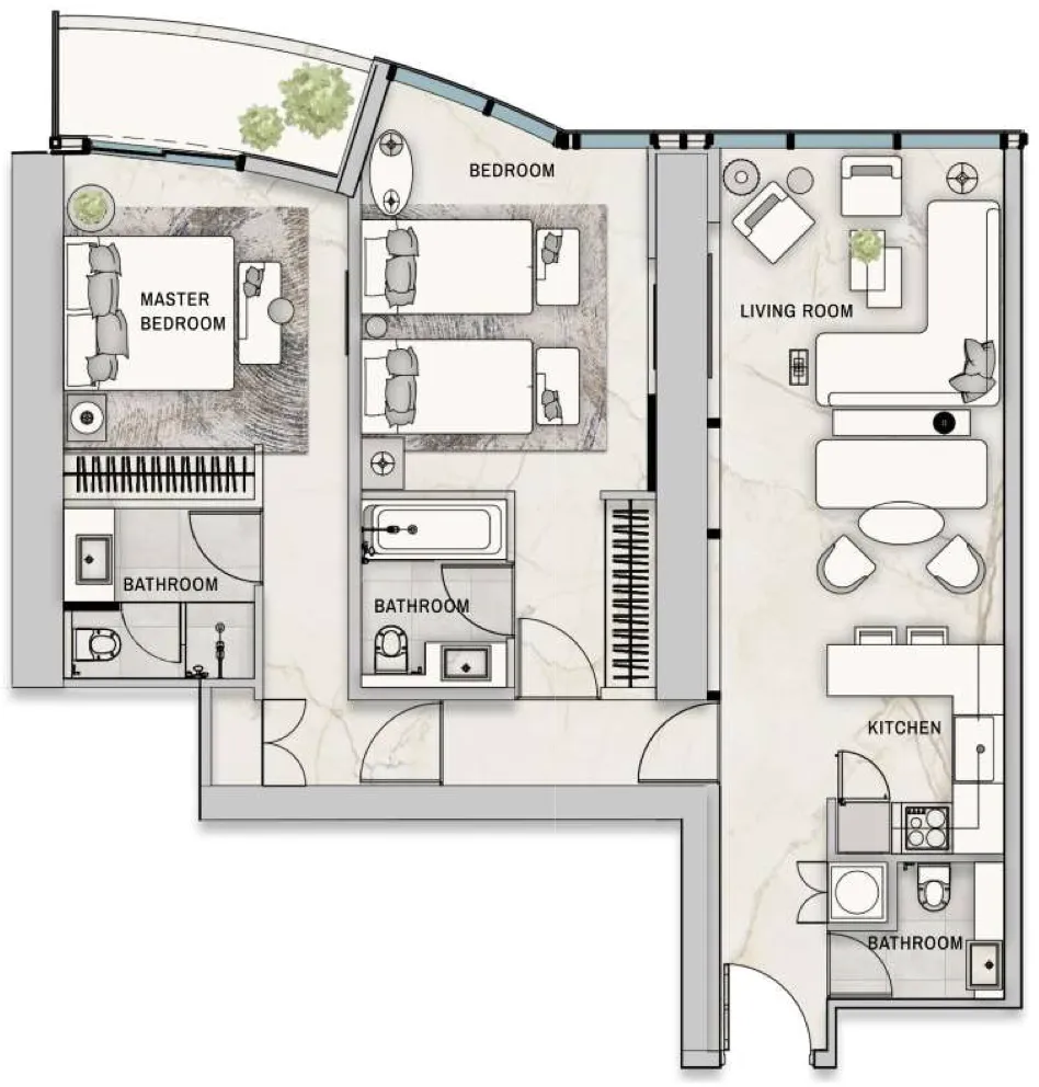The Biltmore Residences Sufouh 2 bed floor plan, 1,026 – 1,134 sqft