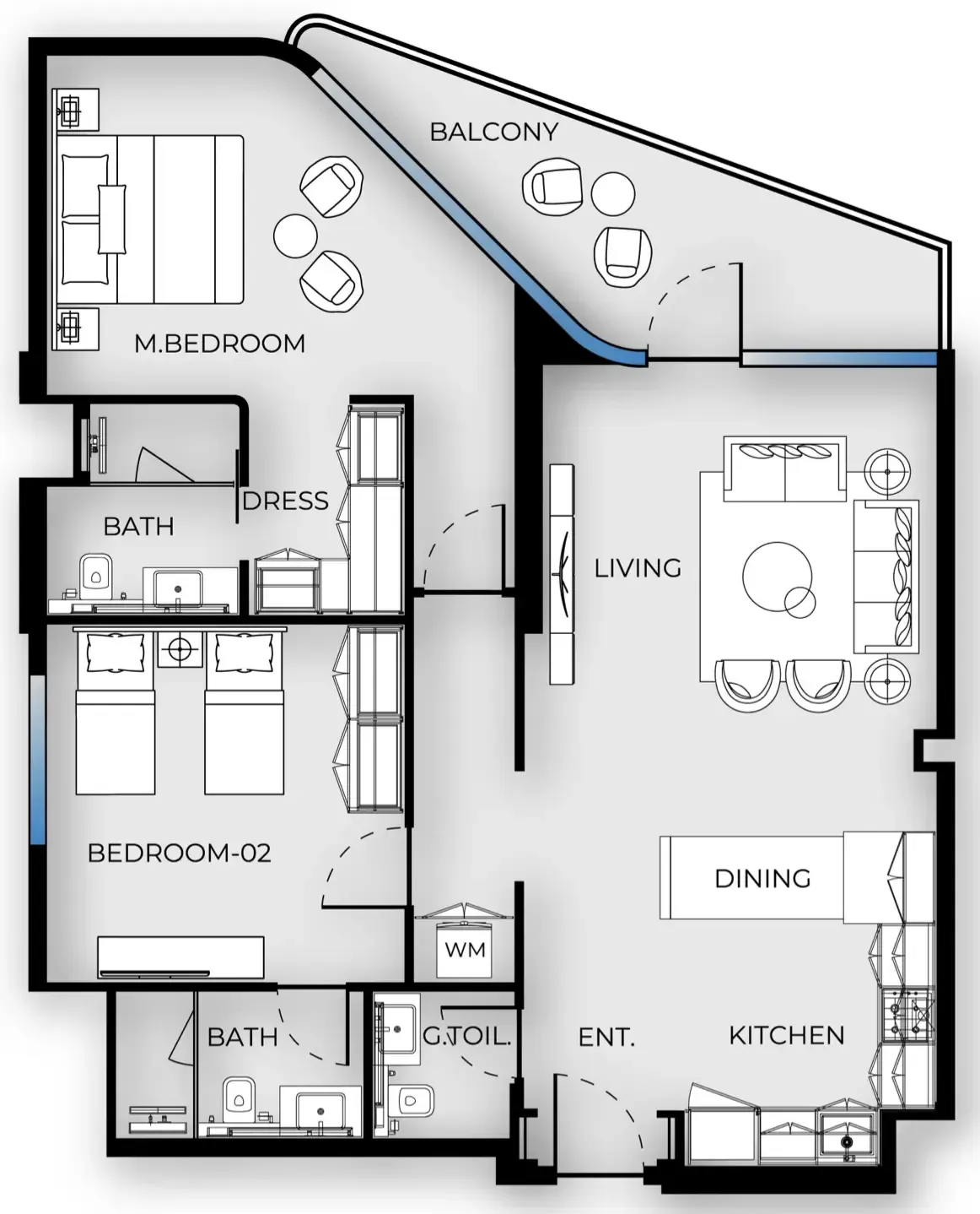Luxury Canal Residences 2 bed floor plan, 1,200 sqft