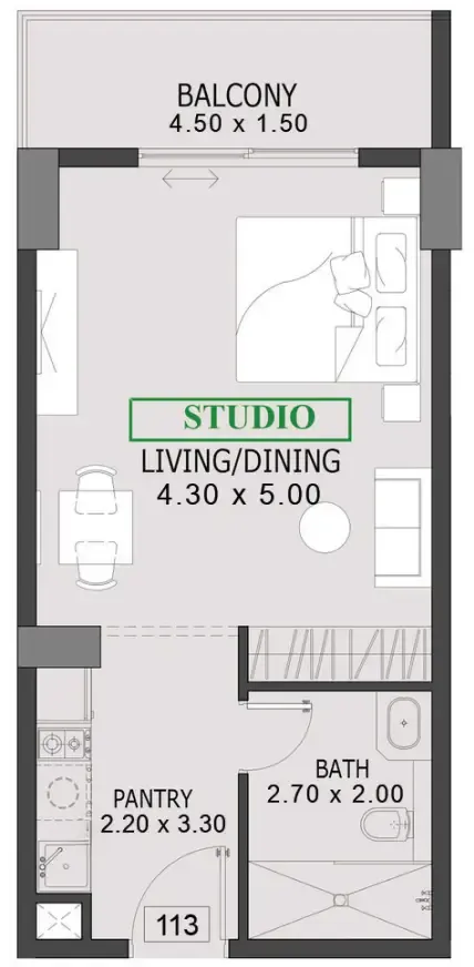 One By Preston Studio floor plan, 489 sqft