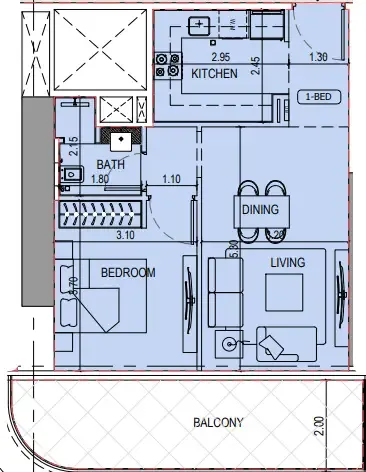 Binghatti Sky Terraces 1 bed floor plan, 705 sqft