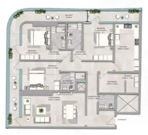 Amwaj Tower 3 bed floor plan, 3,054 sqft