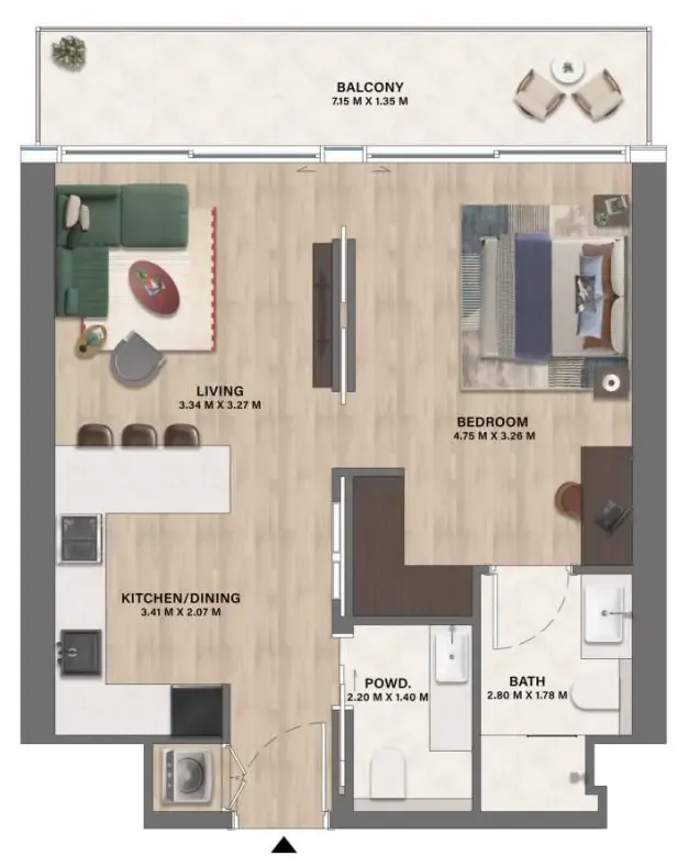 Mövenpick Residences Dubai Motor City Phase 1 1 bed floor plan, 672 – 755 sqft