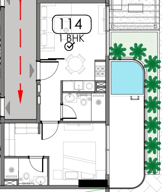 Samana Portside 1 bed floor plan, 651 sqft