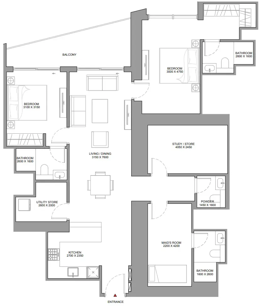 The Horizon at Sobha Central 2 bed floor plan, 1,554 sqft