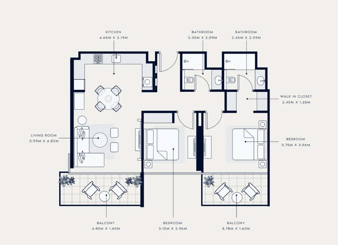 Azizi Venice 2 bed floor plan, 1,067 sqft