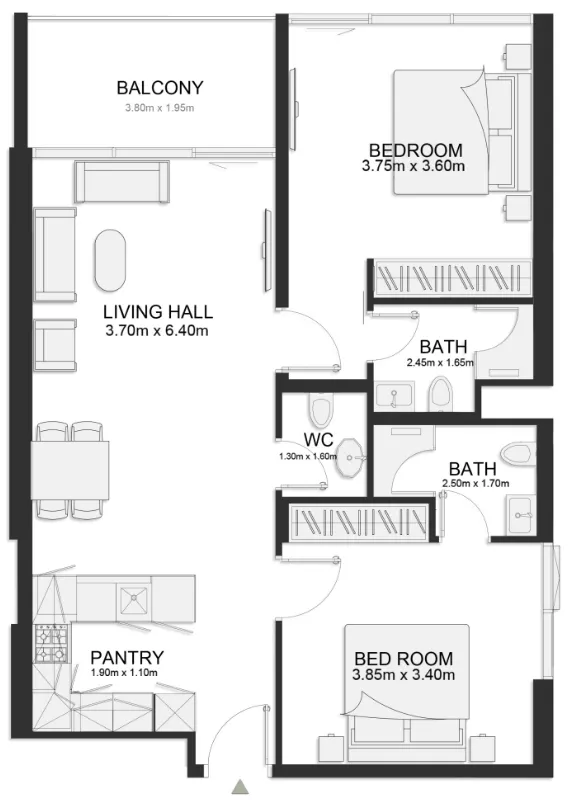 Ashley Hills 2 bed floor plan, 976 sqft