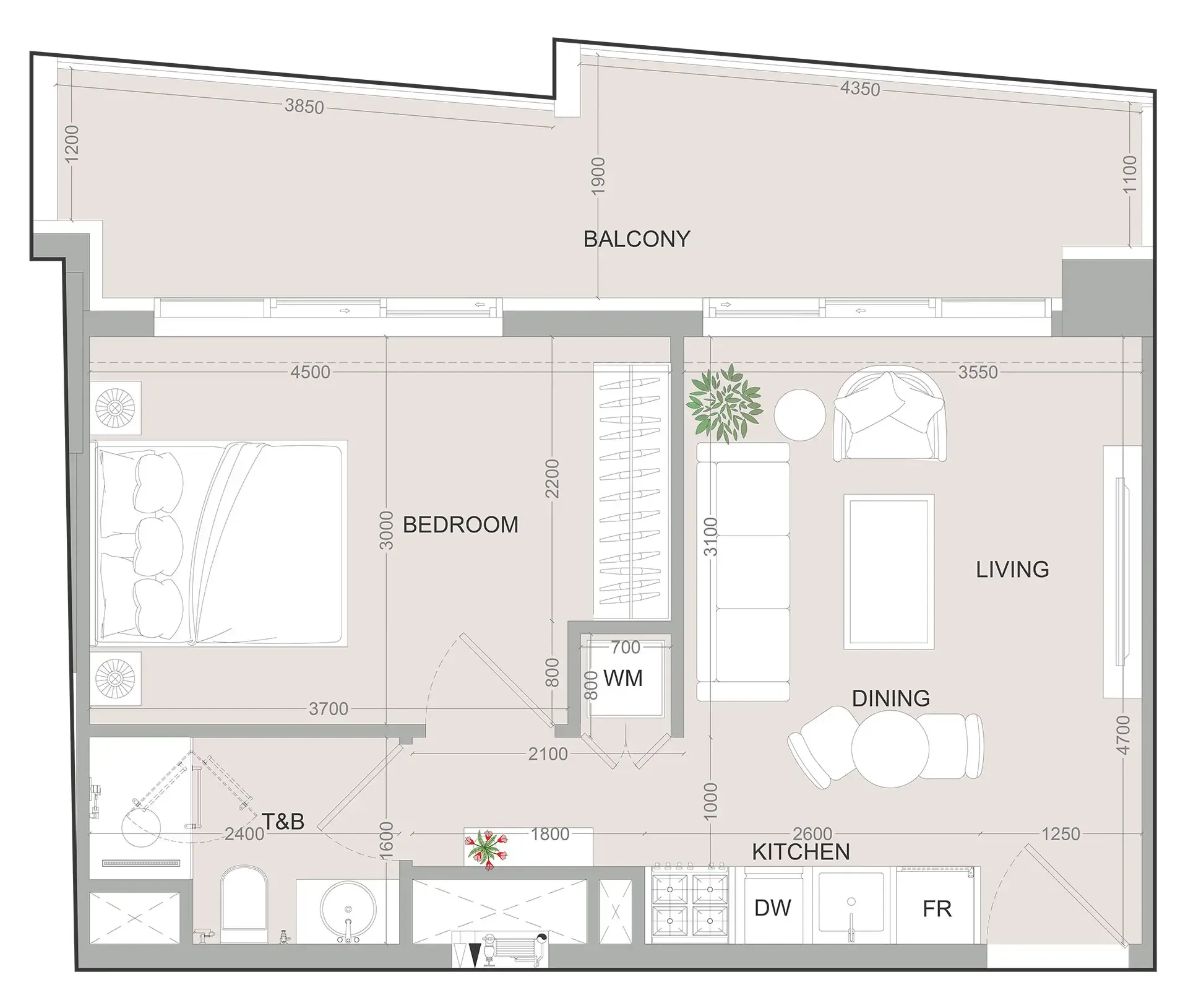 SKY LEVEL 1 1 bed floor plan, 595 – 596 sqft