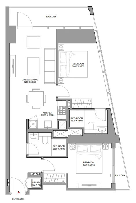 The Eden at Sobha Central 2 bed floor plan, 957 sqft