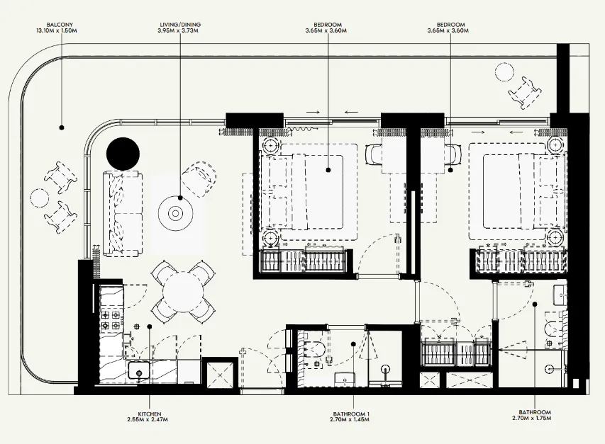 Azizi Venice 2 bed floor plan, 1,108 – 1,167 sqft