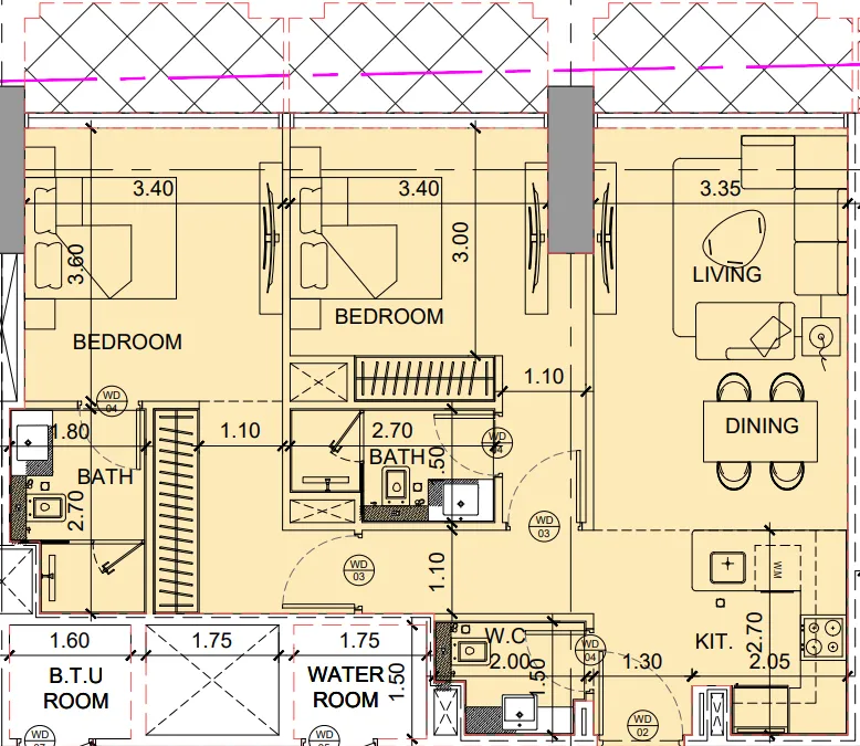 Binghatti Twilight 2 bed floor plan, 1,057 sqft