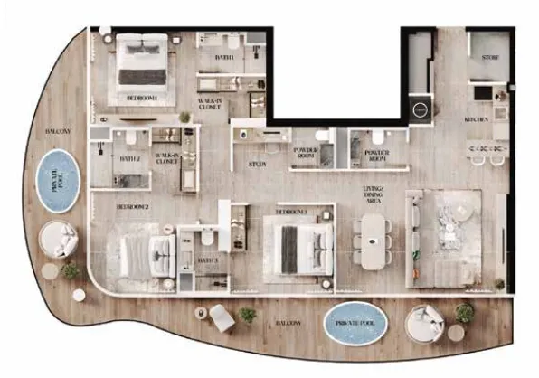 Agua Residences 3 bed floor plan, 1,786 sqft