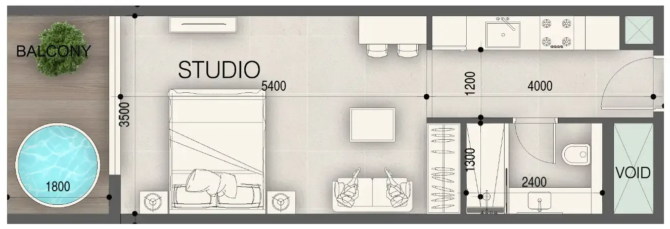 Peace Avenue Studio floor plan, 444 sqft