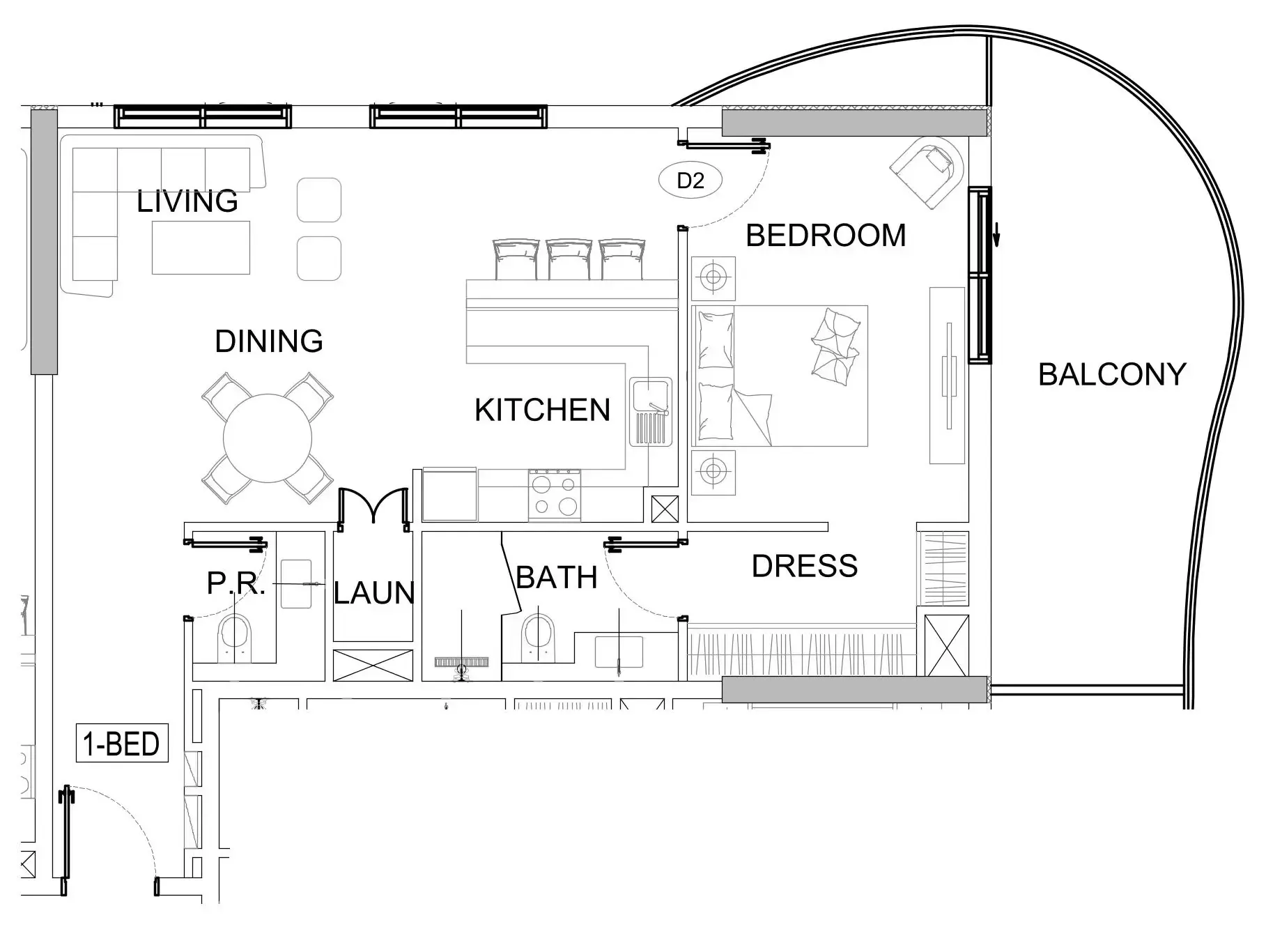 Valencia 1 bed floor plan, 973 sqft