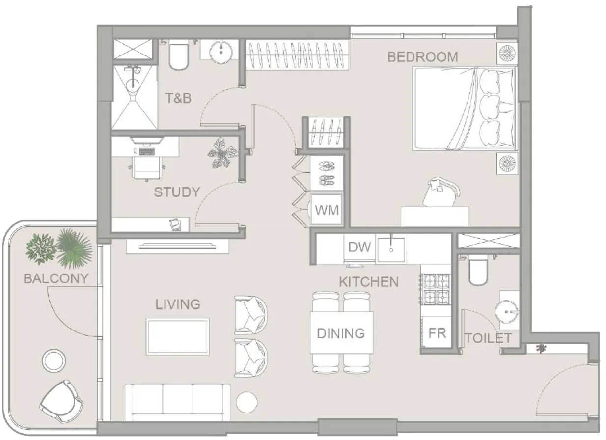 TETR1S Tower 1 bed floor plan, 757 sqft