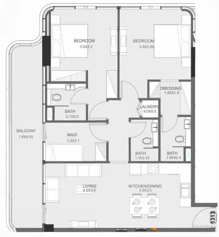 Floarea Oasis 2 bed floor plan, 1,234 sqft