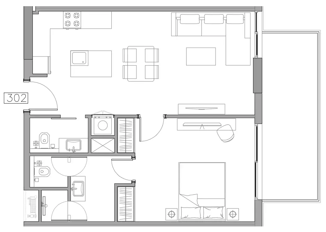 Trevino 1 bed floor plan, 745 sqft