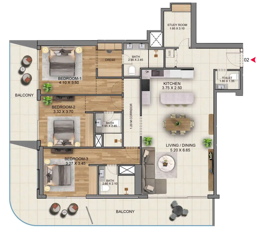 Sky Hills Residence 3 3 bed floor plan, 2,193 – 2,195 sqft