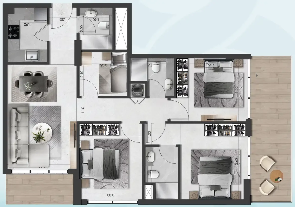 Saray South Residences 3 bed floor plan, 1,162 sqft