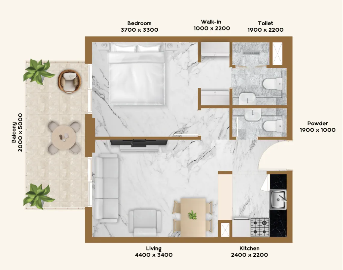 RR Residence 1 bed floor plan, 653 sqft