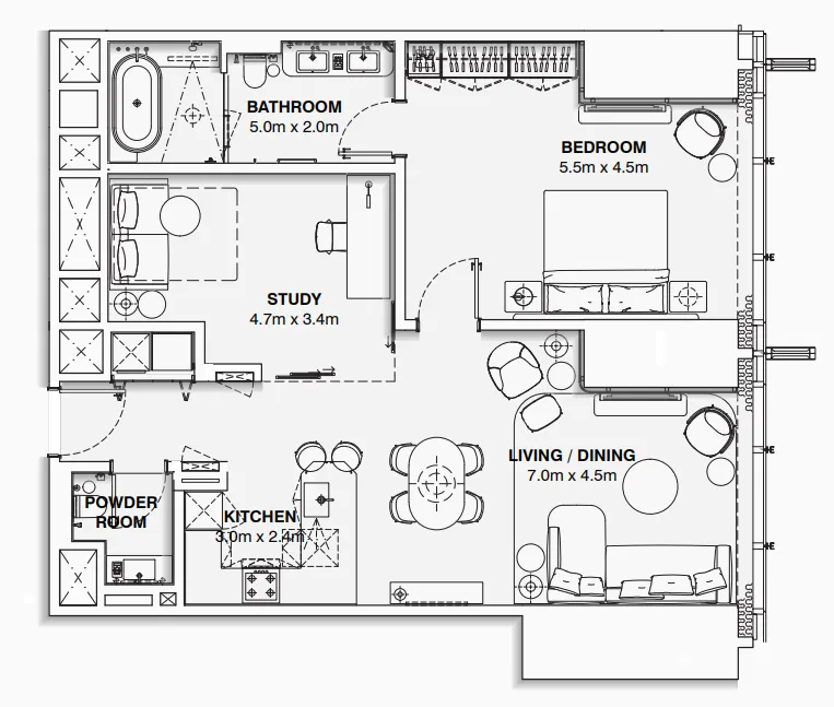 Burj Azizi 1 bed floor plan, 1,109 sqft