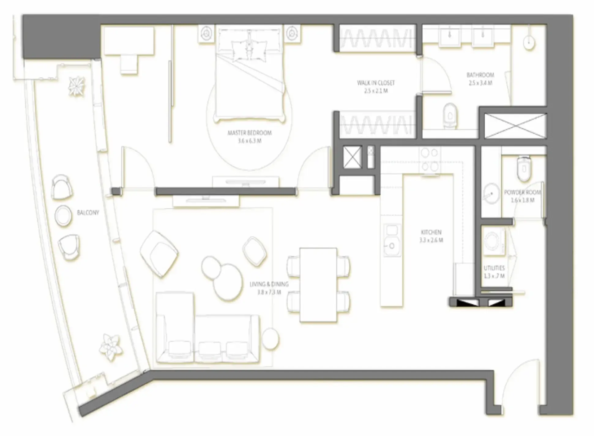 Palm Beach Tower 3 1 bed floor plan, 1,168 sqft