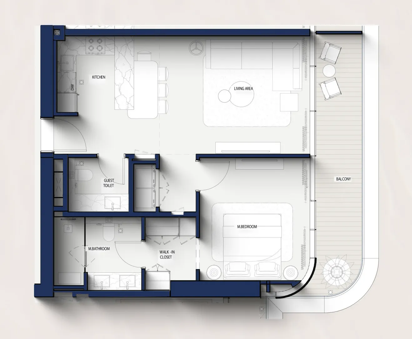 Hilton Residences 1 bed floor plan, 803 – 841 sqft