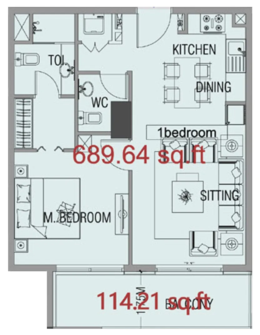 Forest City 1 bed floor plan, 690 sqft